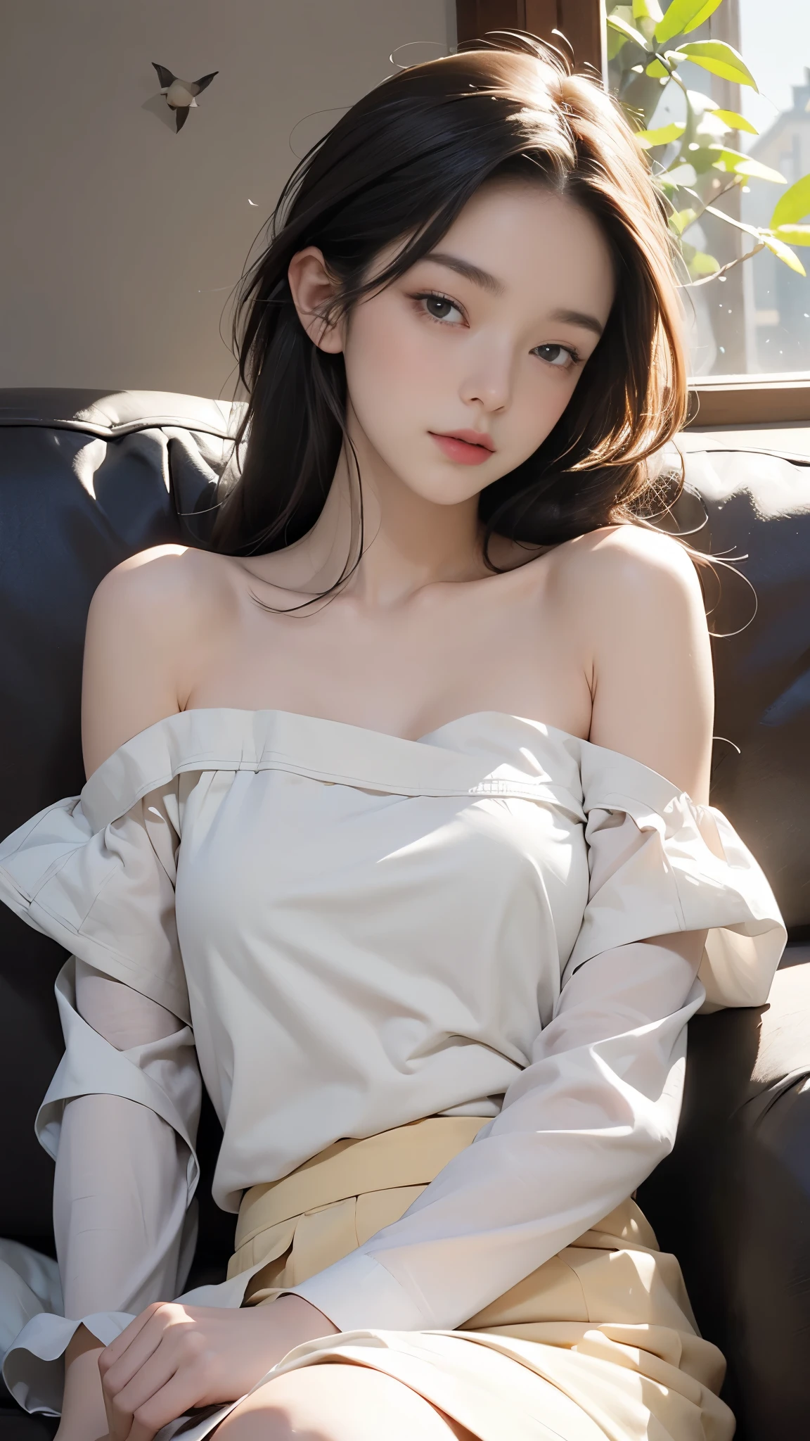 Masterpiece, Ultra-realistic quality, (1 girl), (Young woman), Chinese girl, (Mature face), face clean, Realistic face, (Perfect face), Delicate face, Fair skin, sitting in the couch, Long legs, (curly), Short hair, Brown hair, with hands resting on knees, Sling, No bra, (average breasts) ,( exposed), , (( Minola)),(has cleavage), Mini dress, (White skirt) HD quality, Realistic picture quality, Real Human, Long legs, Ultra HD rendering, Accurate, Textured skin, High detail, High quality, Very detailed, high resolution, 8K, Photo, Photography, ridiculous