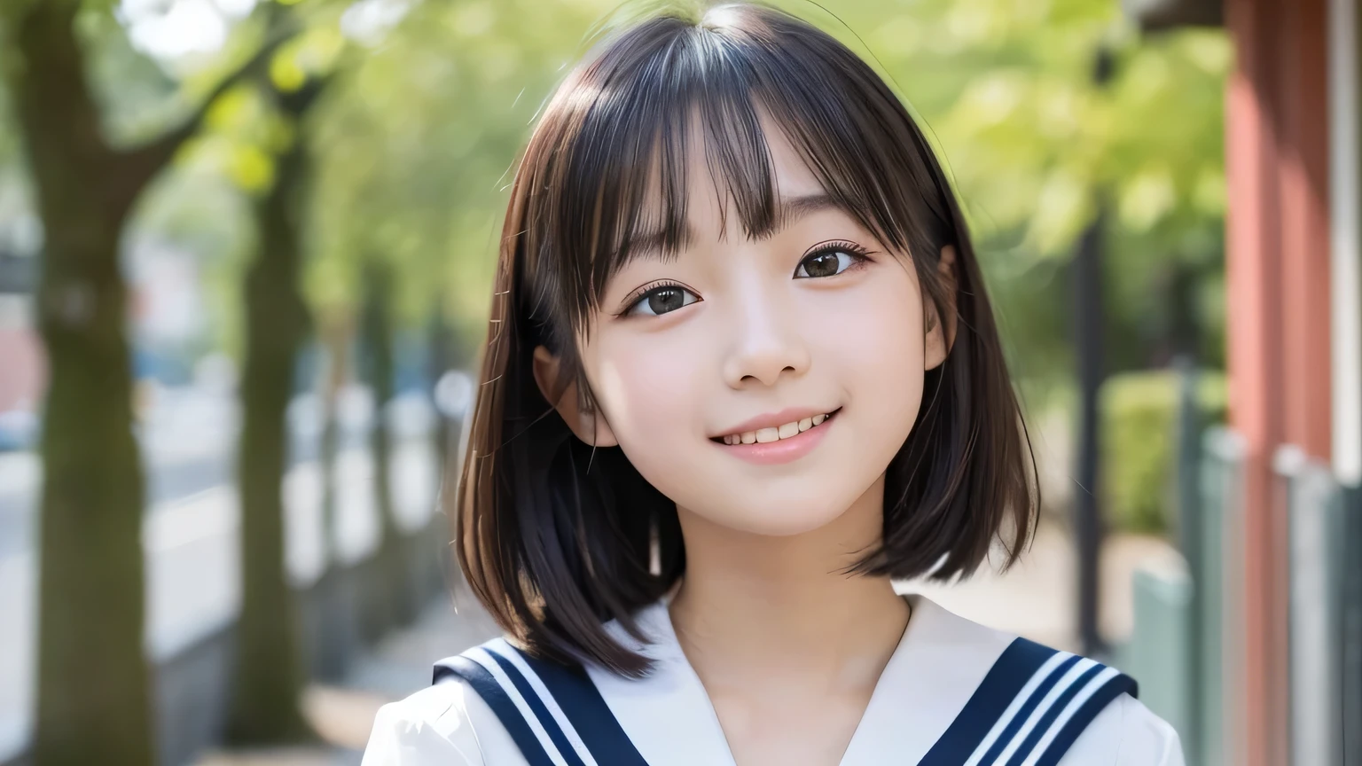 (1 Girl)、(Beautiful Japanese、18years old,round face、Refreshing、clear、seems kind、stylish、Pitiful、cute like an angel、cute、black eyes、,actress,Almond-shaped eyes,Translucent white skin、Beautiful skin), Good style , (((Beautiful big breasts:1.2))),(((soft breasts))),(very cute),(Black hair),(short bob hair),(enchanting eyes),(highlight on eyes:1.2)、(8K、Live shooting、highest quality、masterpiece:1.2、optimal lighting)、((masterpiece)),(Photo taken by a professional photographer),(real、photo real:1.4),break,{ (Cute Japanese high school sailor uniform),((Cute Sailor Suit:1.2))},(cheeks are red:1.3), break, break,Face shot:1.3、 face close-up,Looking up、(Cleavage:0.7)、,Looking at viewer,From below,(high school),Normal face、Japanese school、corridor、A sparkling smile,Walking、School corridor、Book