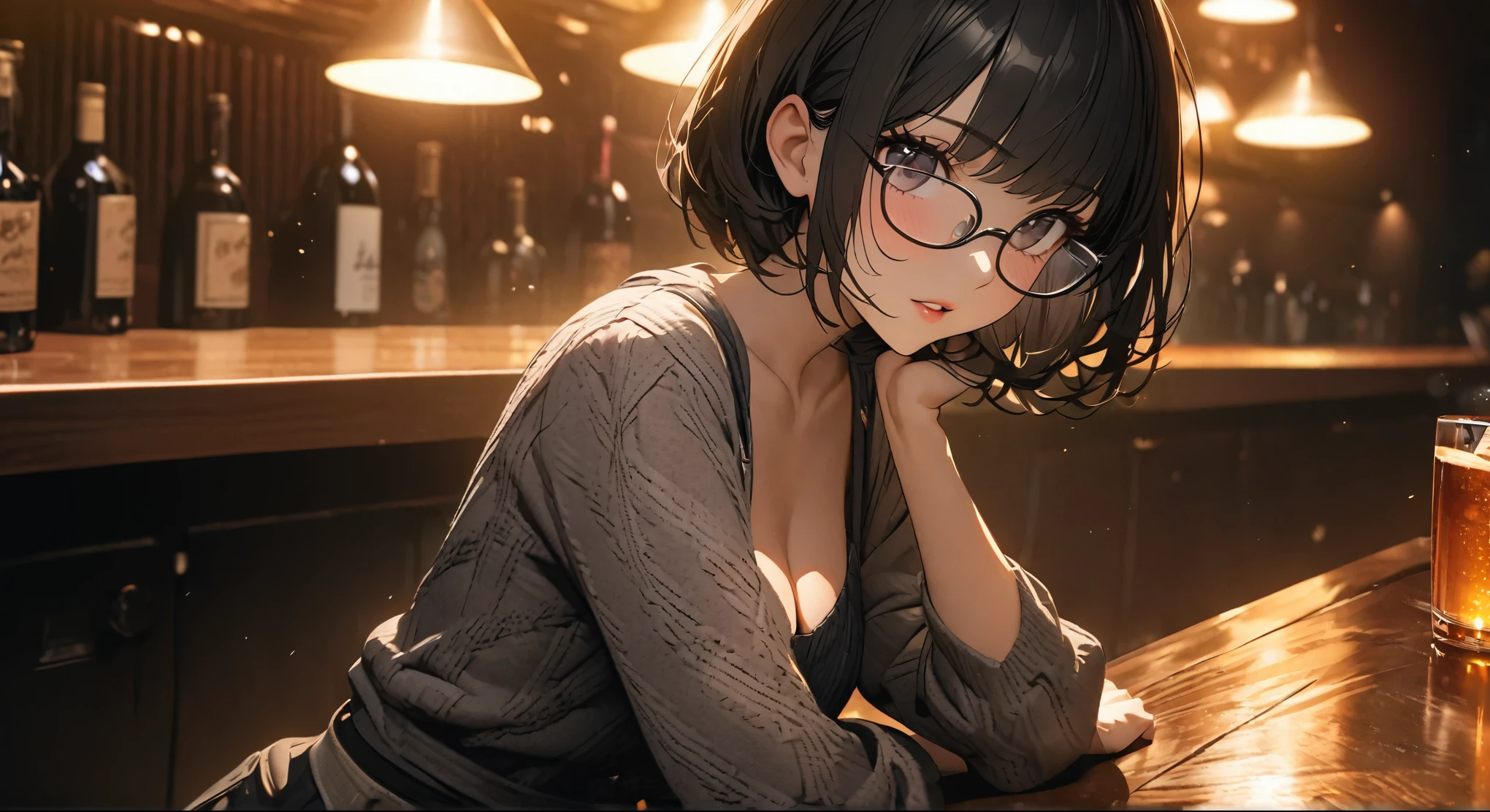 Anime girl with glasses sitting at a bar with a glass of beer - SeaArt AI