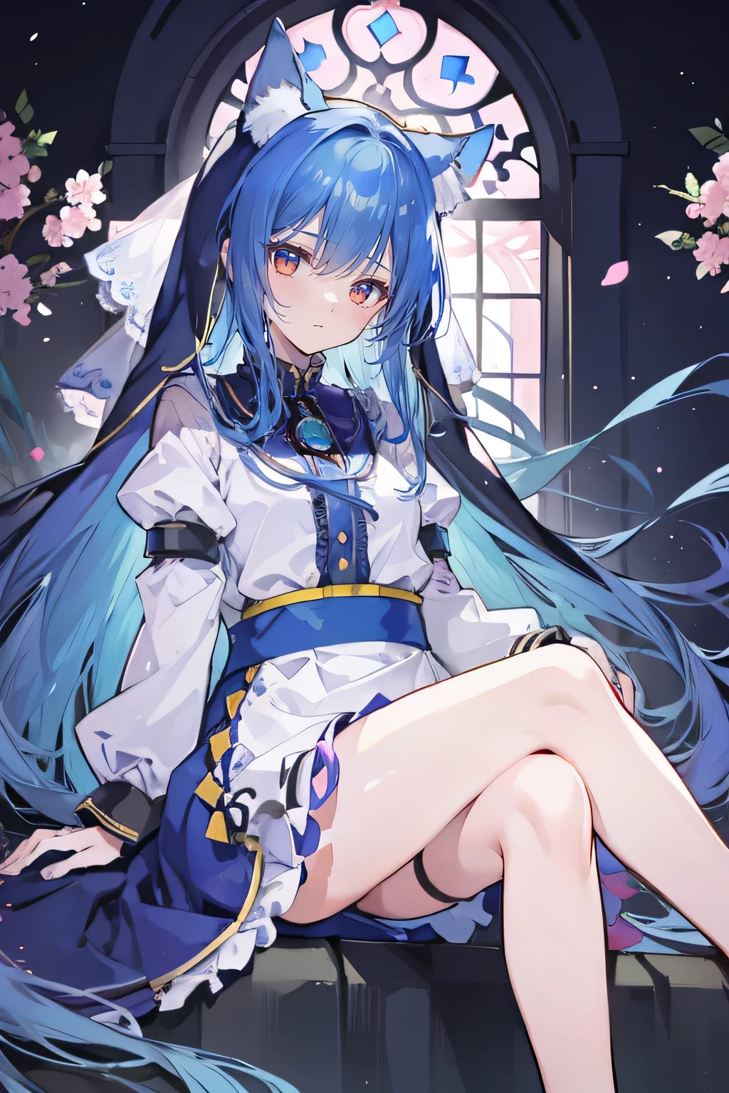 (masterpiece:1.2),Extremely detailed,Practical,expressive eyes,Fair skin,Perfect face shaping,1 Girl,
Japanese cartoons,Gorgeous blue hair, the long flowing blue hair,Floating clothes,Cat ears,Petals fall,beautiful lola,Angel,
Place your hands on your waist,sit elegantly on the ground,Cross your legs,Gentle and peaceful background,stately church,nun,torn clothes.