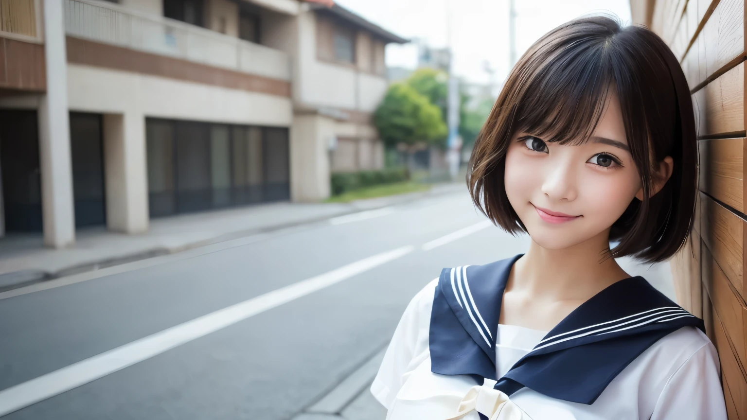 (1 Girl)、(Beautiful Japanese、18years old,round face、Refreshing、clear、seems kind、stylish、Pitiful、cute like an angel、cute、black eyes、,actress,Almond-shaped eyes,Translucent white skin、Beautiful skin), Good style , (((Beautiful big breasts:1.2))),(((soft breasts))),(very cute),(Black hair),(short bob hair),(enchanting eyes),(highlight on eyes:1.2)、(8K、Live shooting、highest quality、masterpiece:1.2、optimal lighting)、((masterpiece)),(Photo taken by a professional photographer),(real、photo real:1.4),break,{ (Cute Japanese high school sailor uniform),((Cute Sailor Suit:1.2))},(cheeks are red:1.3), break, break,Face shot:1.3、 face close-up,Looking up、(Cleavage:0.7)、,Looking at viewer,From below,(high school),Normal face、Japanese school、corridor、A sparkling smile,Walking、School corridor、Book