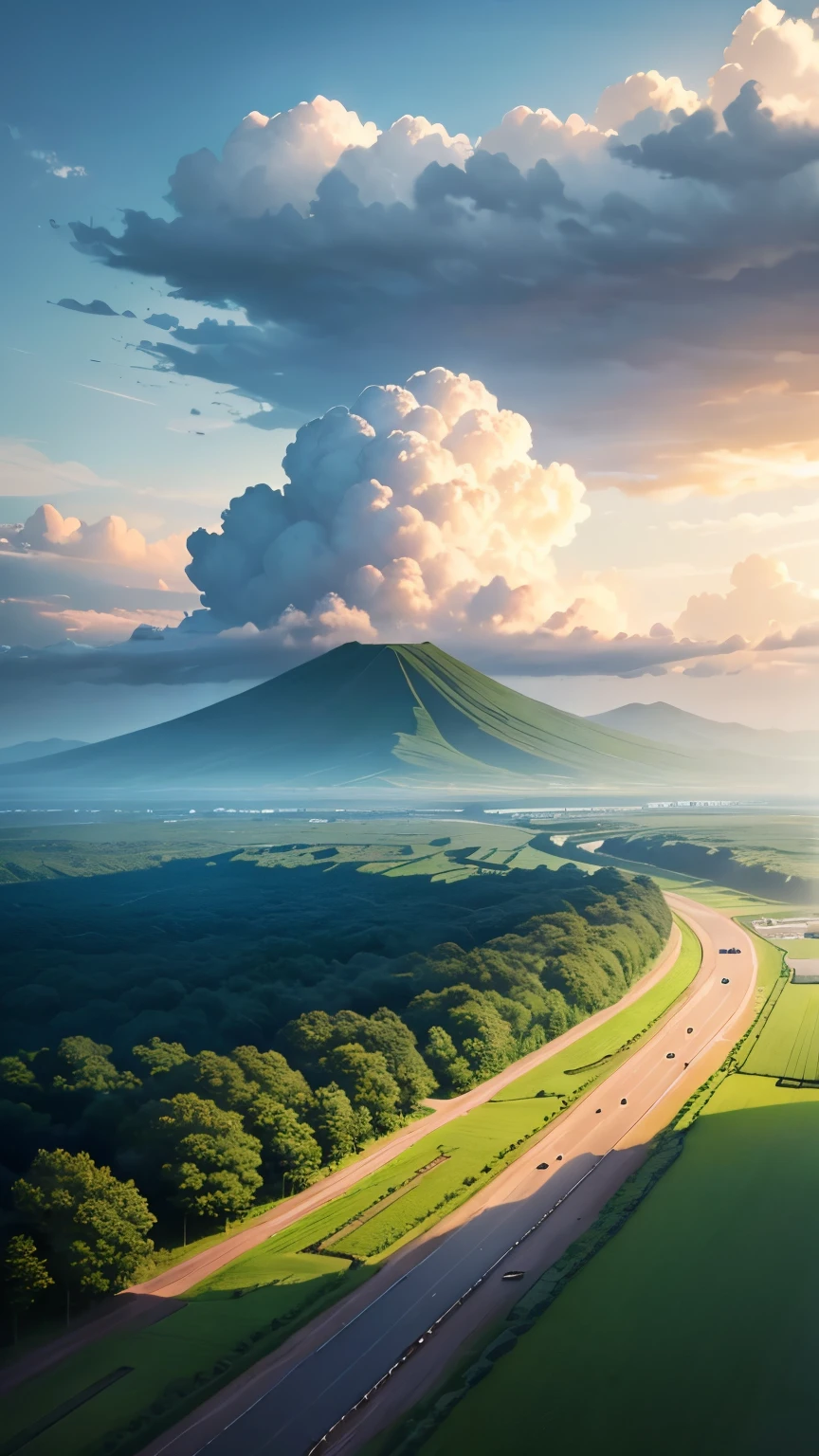 highest quality。Masterpiece。Detailed details。Summer sky after the rain。Humid hot air。Aerial perspective。Cumulonimbus clouds illuminated by afternoon light。Country roads in Japan。