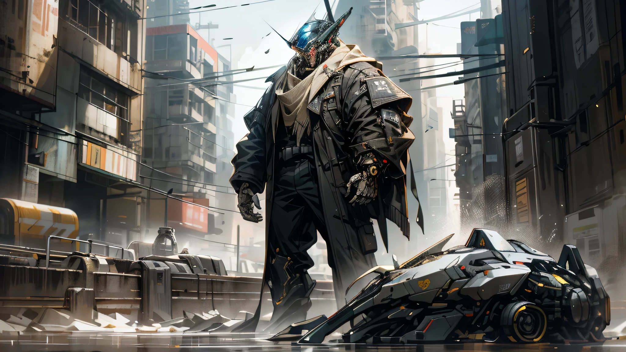 Dark_Fantasy, Cyberpunk, (highest quality masterpiece), White, 1 person, Wonders of the Machine, Robotic Presence, Cybernetic Guardian, Wearing a Cybernetic Jacket, City. A breathtaking, high resolution, 4K and 8K digital art piece showcasing an extraordinary, unique masterpiece of a single individual amidst a cityscape. The city is draped in a dynamic lighting, cinematic ambiance, with an amazing, high-detail, military-grade robot towering over the worn-out war zone. The robot, adorned in a slick, damaged cybernetic jacket, is an unmatched masterpiece