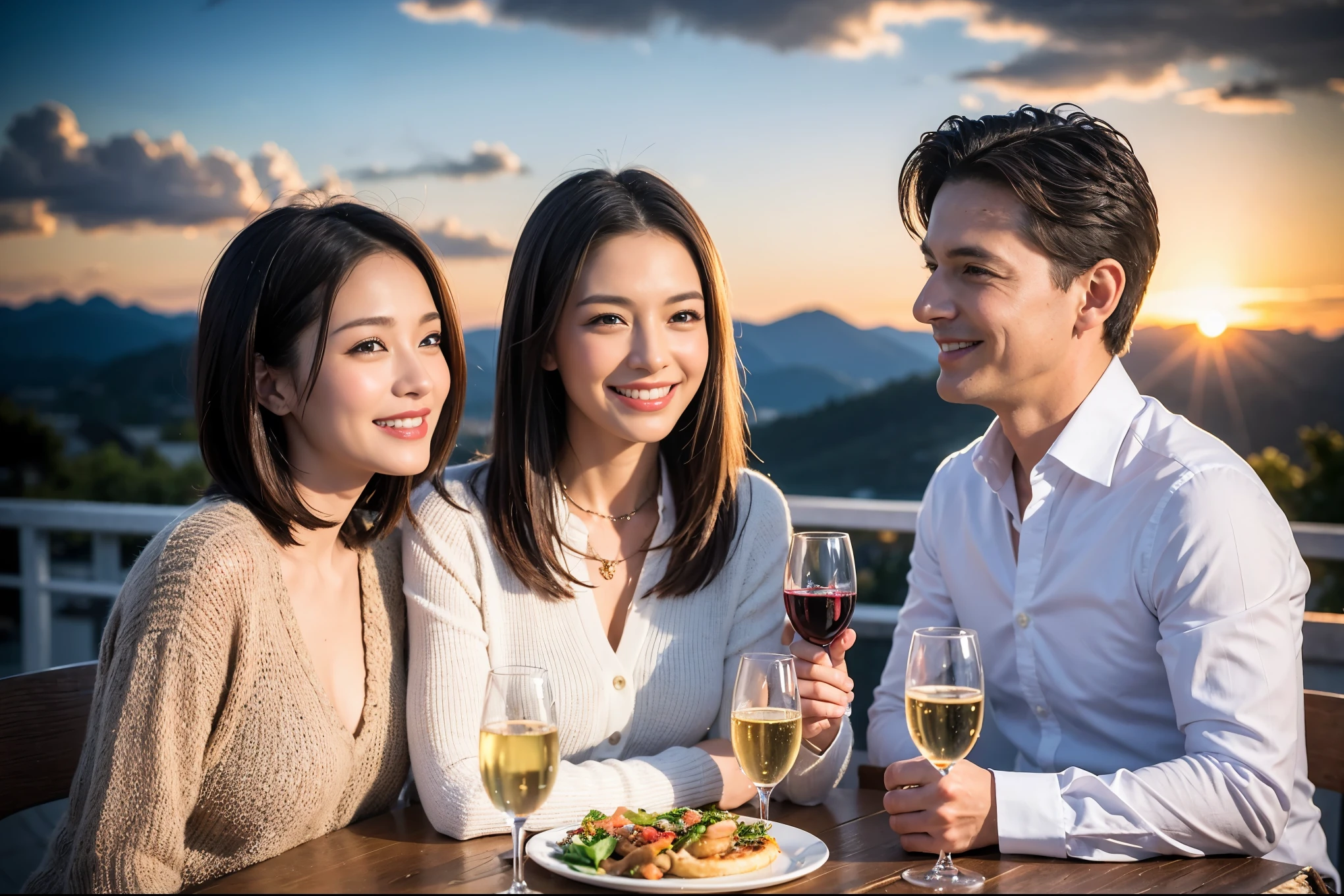 ((highest quality、8k、masterpiece:1.3))、1 male 1 female、Lovers、beautiful couple、Happy Smile、 (Slim face), (The body is スリム), (Brown Hair), (Shortcuts), ((Bob Hale、Straight hair:1.2)), Wine glass on the table、Please put light on my face、 Amazing view of the sunset sky and clouds、Amazing mountain views、The wonderfulness of smiles、Bright image、Blushing, Shortcuts,Bright Face、 (42 years old), 39 years old, red wine 、Appetizers、Italian food、Wine bottle、Champagne、sparkling wine、Long sleeve shirt、dress、Attractive beauty、restaurant, Nova Frog Style, actress, model, Upper Body, White wine, red wine, wine glass, 