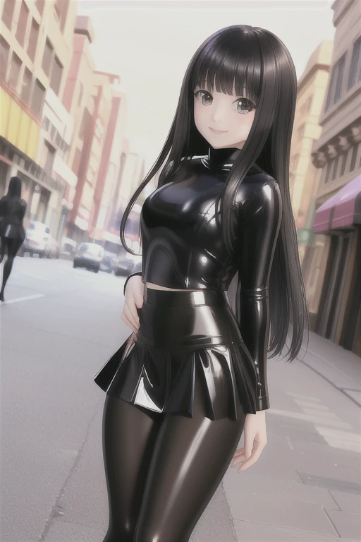 High resolution, masterpiece, Perfect lighting, bloom, Cinema Lighting, Adult, Perfect Skin, woman, View Viewer, street, Glamour Shot, (RSE Emma:1.5),(Shiny black latex tights and latex skirt:1.3), Parted bangs, (Black Hair), very Long Hair, Long Hair, smile
