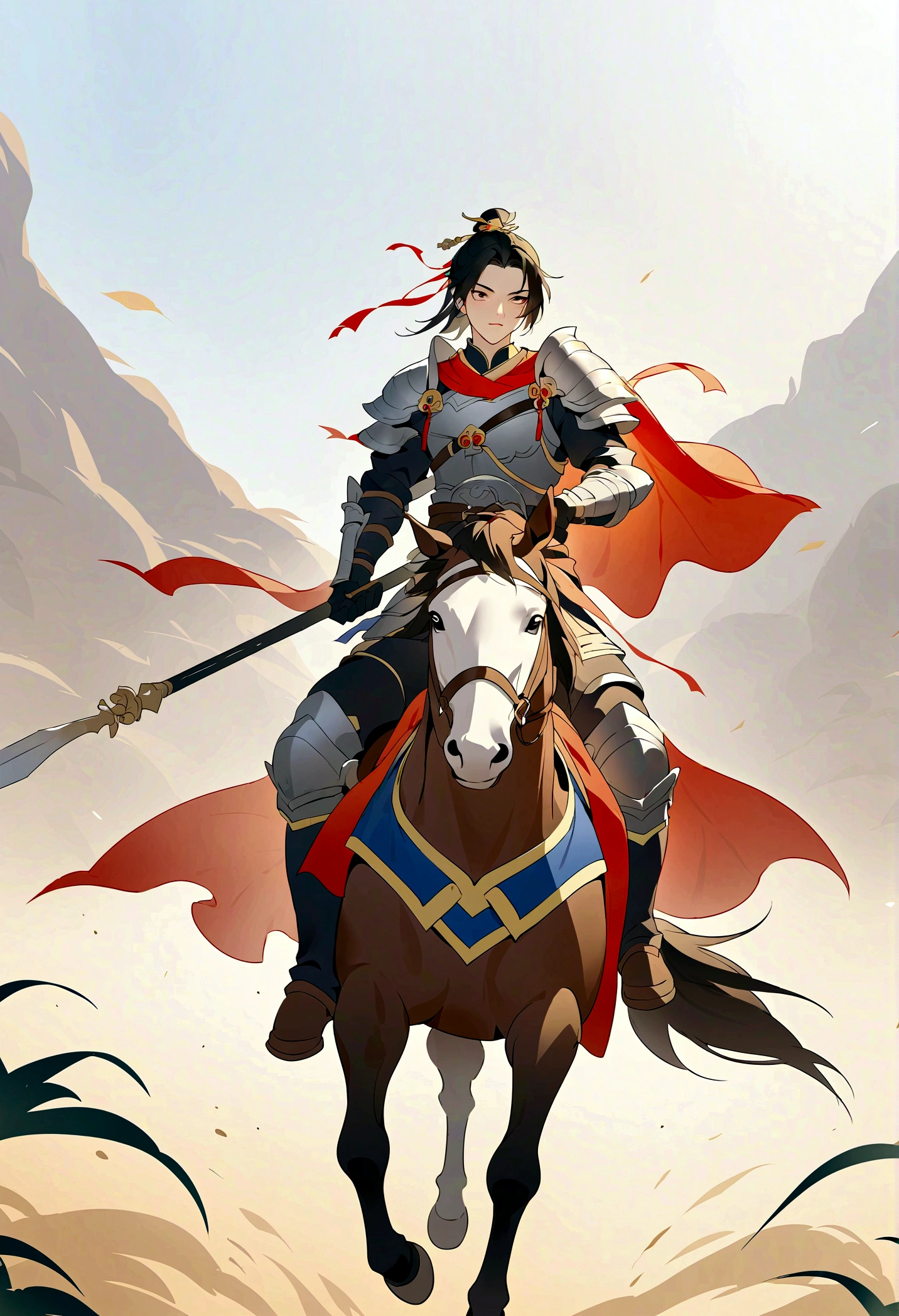 Three Kingdoms, Zhao Zilong, horse riding, Wield a spear, Heroic and fearless, Wearing armor, Behind it is the battlefield,