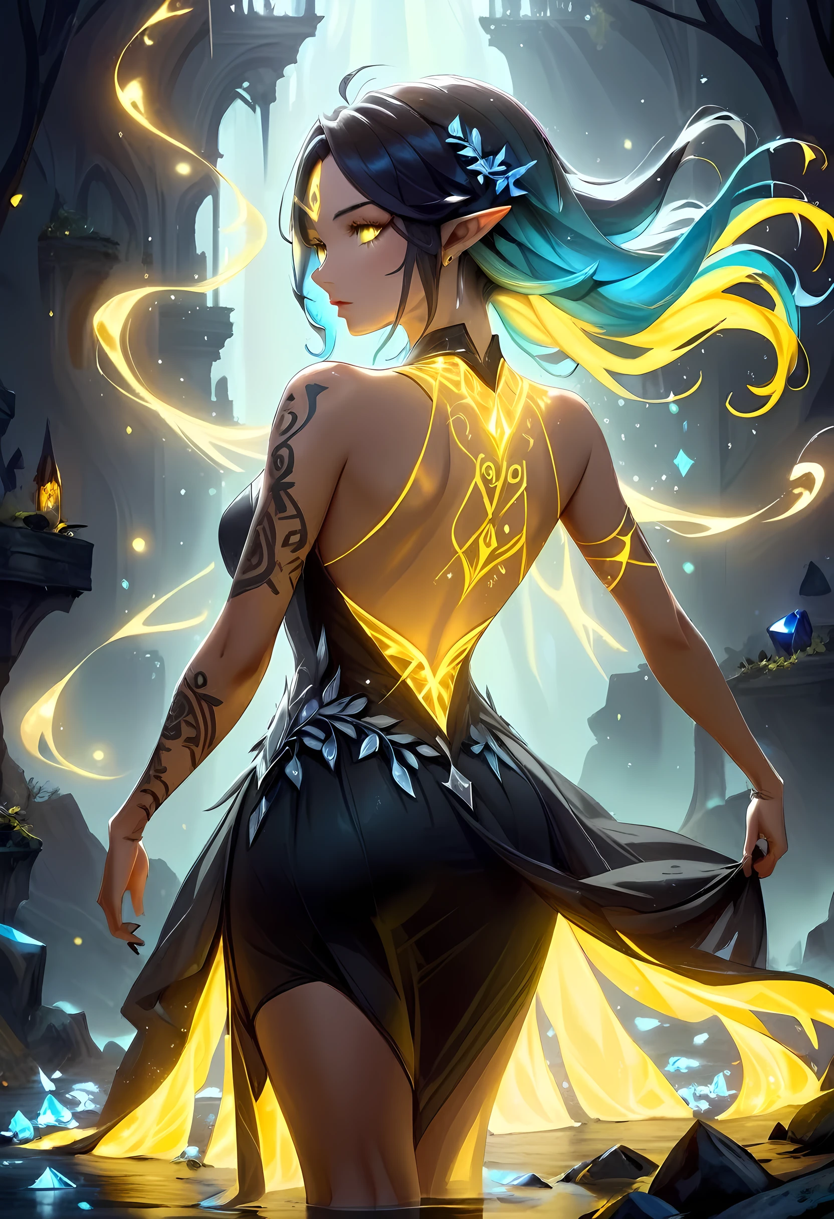 modisn disney, Arafed, Dark fantasy art, fantasy art, goth art, a picture of a tattoo on the back of a female elf, of  ((glowing: 1.3)) elven magical runes, intricate detailed coming to life, GlowingRunesAI_yellow, shoot taken from the back, ((the back is visible: 1.3), she wears a transparent black dress, the dress is elegant, flowing, elven style, that the tattoos glow, dynamic hair color, dynamic hair style, crystalline dress, faize