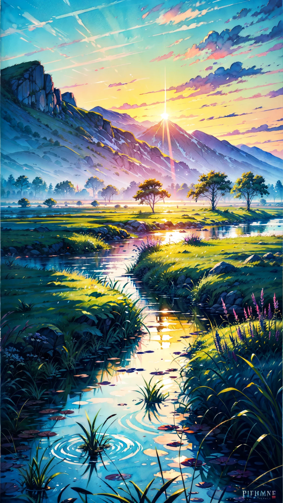 a painting of a sunset over a body of water, phragmites, vibrant gouache painting scenery, marsh vegetation, small reeds behind lake, flat water color texture, detailed gouache paintings, nature journal cover, reed on riverbank, tall grass, watercolor landscape, watercolor colored painting, landscape painting, scenery artwork, swamp landscape, watercolor painting style, scene from louisiana swamps