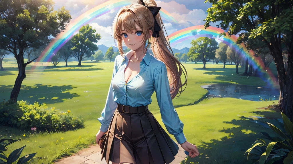 1girl, full body, solo, summer, village, trees, sun, clouds, ((rainbow colored hair)), ponytail, large breasts, button down, blue eyes, ((pale green silk shirt)), ((unbuttoned shirt)), unbuttoning buttons, popping buttons, ((short sleeved shirt)), ((light brown west sweeter)), black mini skirt, brown shoes, grin, looking at the viewer, standing, hair ribbon, cleavage, golden necklate