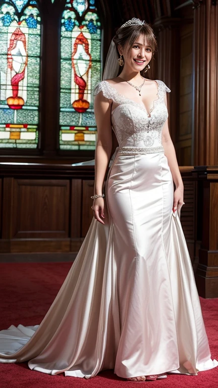  highest quality, Realistic, Very detailed, finely, High resolution, 8k wallpaper, Beautiful woman,, Brown hair short ponytail, (silk wedding dresses), Perfect dynamic composition, finelyて美しい目, Ample breasts, Realistic , smile,  Model Body Type、Earrings,garnet necklace,tiara,(I have a book）,Beautiful feet,(Church with beautiful stained glass),Full Body Shot:1.3,Smile and laugh,