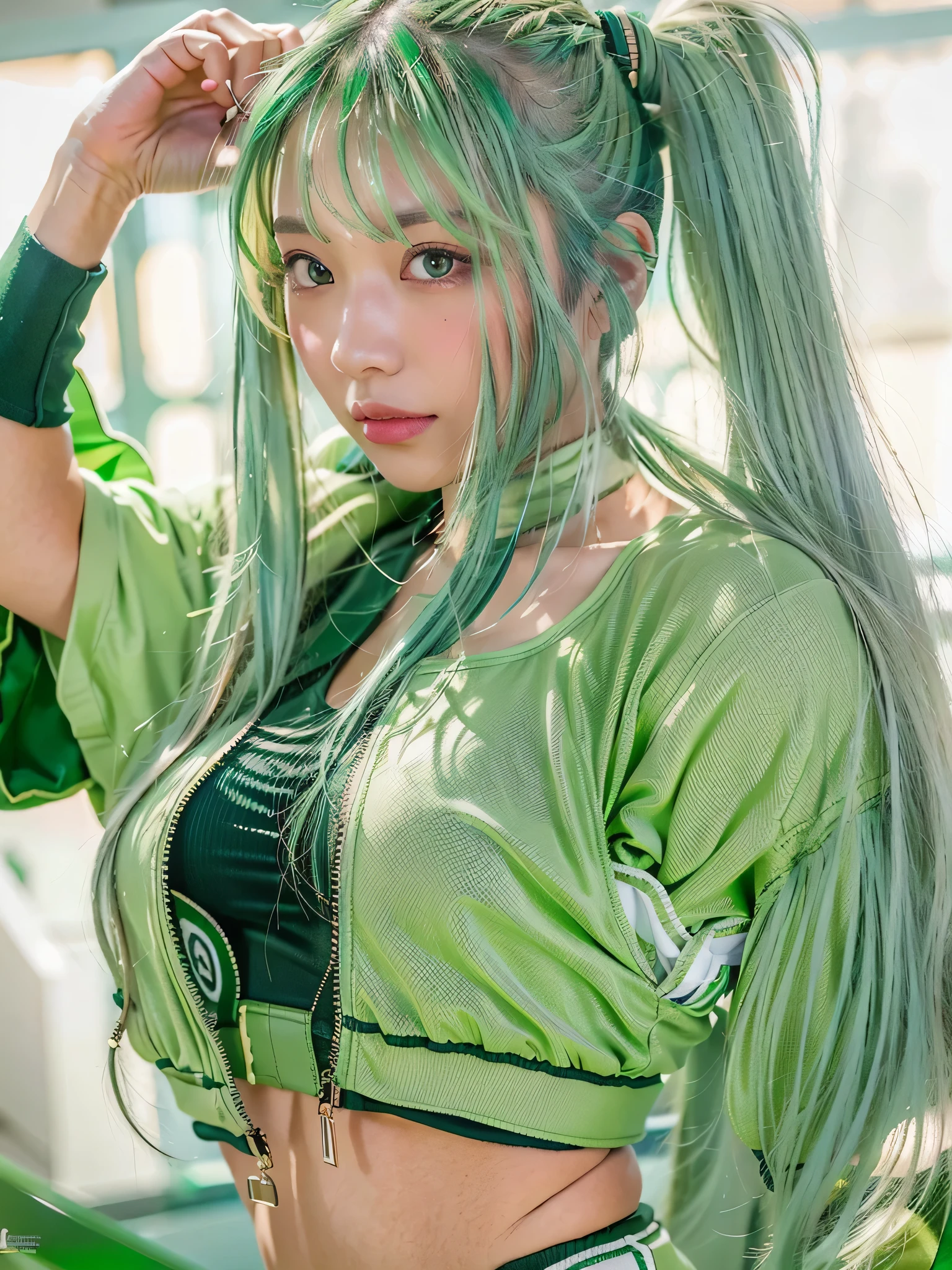 Top quality, one beautiful woman, wearing fitness wear, (Green hair:1.2), (Absurdly Long Hair:1.3), Twintails, 35mm lens, f/1, Busty chest, at Gim