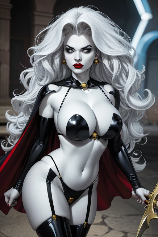 foreshortening,  CARTOON_lady_death_bikini_ownwaifu,.ownwaifu.com, angry, 
mascara, blank_eyes,long hair,breasts,white hair,makeup,colored skin,navel,lipstick,large breasts,wavy hair,white skin,lips,curly hair,red lips,very long hair,toned, narrow_waist, curvy,pale skin, thick_eyelashes, thick eyebrows, big hair, 
thighhighs,cape,cleavage,jewelry,earrings,garter straps,garter belt,gloves,piercing,red cape,blood,elbow gloves,armor,black legwear,collar,thong,black bikini,skull earrings, highleg, 
 official art,extremely detailed CG unity 8k wallpaper, perfect lighting,Colorful, Bright_Front_face_Lighting,shiny skin, (masterpiece:1.0),(best_quality:1.0), ultra high res,4K,ultra-detailed, photography, 8K, HDR, highres, (absurdres:1.2), Kodak portra 400, film grain, blurry background, (bokeh:1.2), lens flare, (vibrant_color:1.2),professional photograph, (beautiful_face:1.5),