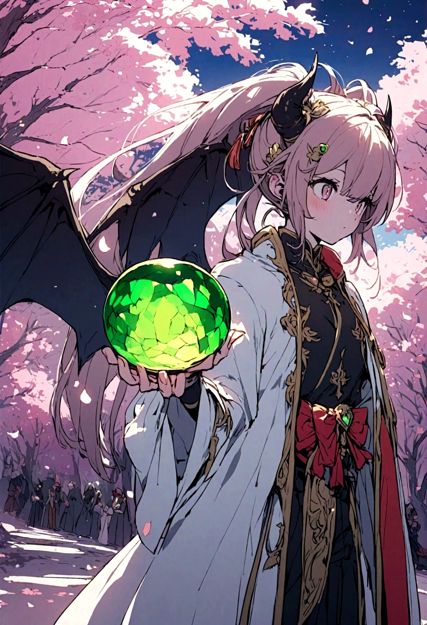 Japanese anime style.
Hong Kong at night, Park with dancing cherry blossoms.
A cute magical girl and a cool male demon king are enjoying the Parapara dance.
[Cute Magical Girl Features]
Long light green twin tails.
The hair accessories are beautiful, but、Ugly but cute mascot characters also appear.
She has a shiny magic wand with a big jewel on it.
[Characteristics of a male demon king]
He is handsome, Mature men in their 30s.
The head has horns、Her hair is very long and reddish purple。.
He is wearing a cool long coat, It comes with something like a mascot character..
It has large bat-like wings growing from its back..
Next to him is a small, cute dragon-like monster..