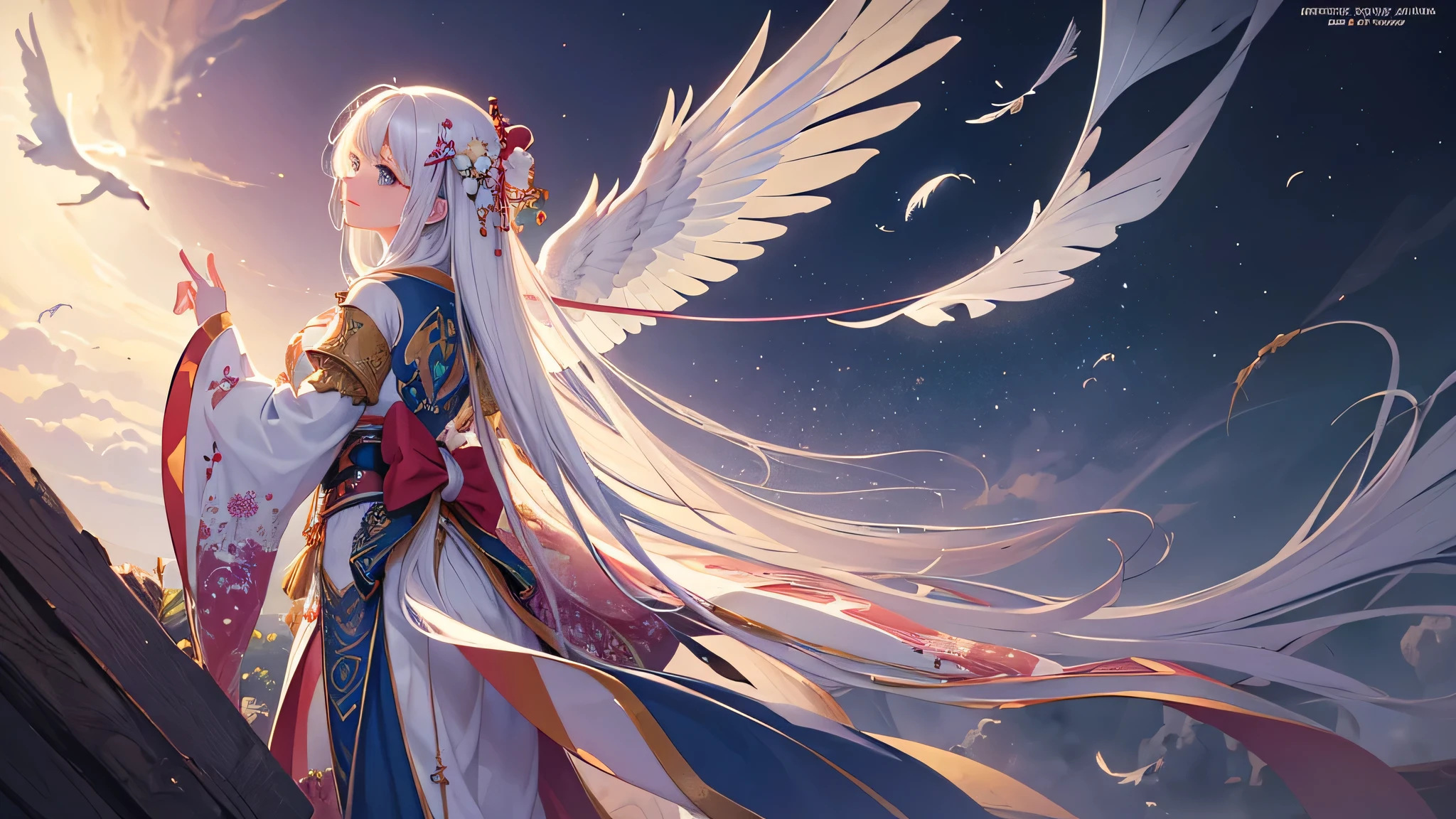 (Absurd, High Resolution, Ultra Detailed), 1 girl, Solo, Extremely Detailed Features, (Fantasy Art, Mythical Beauty: 1.5), (Digital Art: 1.6), Soft Pastel Color Scheme, Most Detailed
A beautiful smiling girl adorned in a traditional Japanese kimono, characterized by its vibrant colors and intricate patterns, is the central focus of the piece. Her long, white hair flows majestically, reminiscent of an ethereal being. Angelic wings, delicately crafted with a fine balance of detail and grace, sprout from her back. The delicate feathers floating around