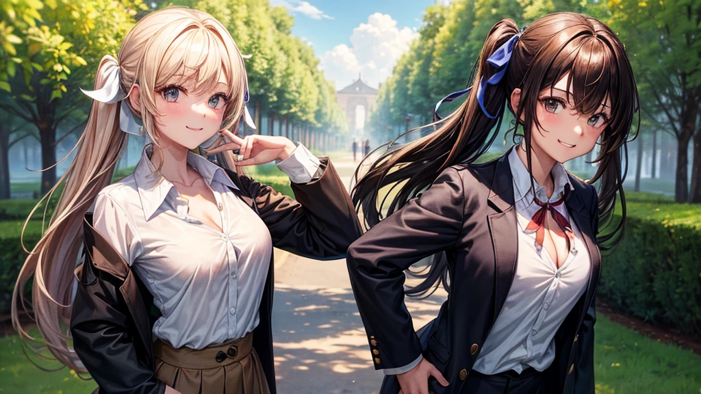 1girl, full body, solo, summer, village, trees, sun, clouds, ((chestnutl hair)), long hair, twintail, large breasts, ((black blazer)), button down shirt, ((white shirt)), ((short sleeved shirt)), ((unbuttoned shirt)), unbuttoning buttons, cleavage 1:3, brown eyes, skirt, grin, looking at the viewer, standing, touching neck, hair ribbon, golden necklate, hands on hip