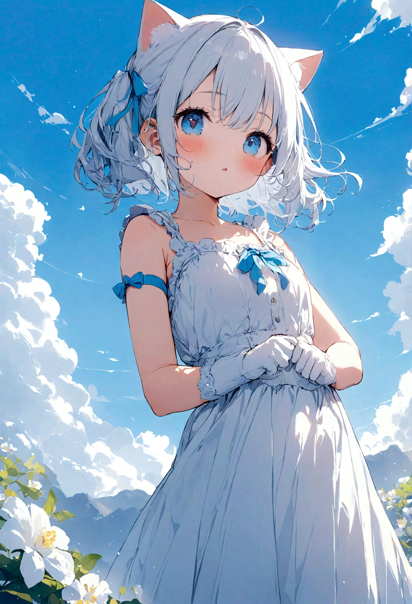 White Cat、cute、The background is blue sky