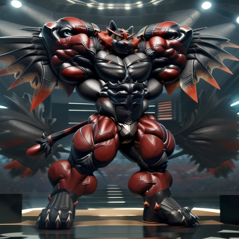 (Incineroar, 8K), (Masterpiece, highres), (wearing crNanosuit, crNanosuit, black visor, black nanosuit), (Detailed head, Detailed Body, Detailed abs, full body), (gigantic muscles, Gigachad Muscular, big muscle, pecs, triceps, traps, unusually developed muscular body, body full of huge muscles. showing off muscles, pectorales enormes, Exaggeratedly huge muscles.), (nj5furry, The claws are sharp, Sharp teeth, sharp claws), (long legs), (black wings, Spread wings, It has wings, have big wings), (Incineroar in stylish nanosuit), (bodybuilder, the bodybuilding competition, huge muscular bodybuilder with extraordinary biceps),