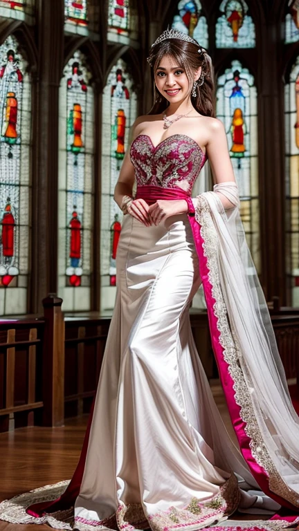 highest quality, Realistic, Very detailed, finely, High resolution, 8k wallpaper, Beautiful woman,, Brown hair short ponytail, (silk wedding dresses), Perfect dynamic composition, finelyて美しい目, Ample breasts, Realistic , smile, Model Body Type、Earrings,garnet necklace,tiara,(I have a book),Beautiful legs,(Church with beautiful stained glass),Full Body Shot:1.3,Smile and laugh,