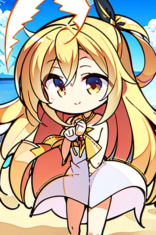A golden haired female angels with hazel eyes and an hourglass figure with golden wings in a  conservative pirates outfit is smiling on a tropical beach
