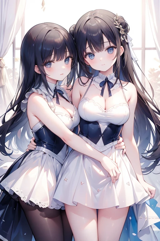 (masterpiece, best quality), two girls hugging, best friends, one got her arms around her neck, the other has her arms around her chest, sweet, happy.