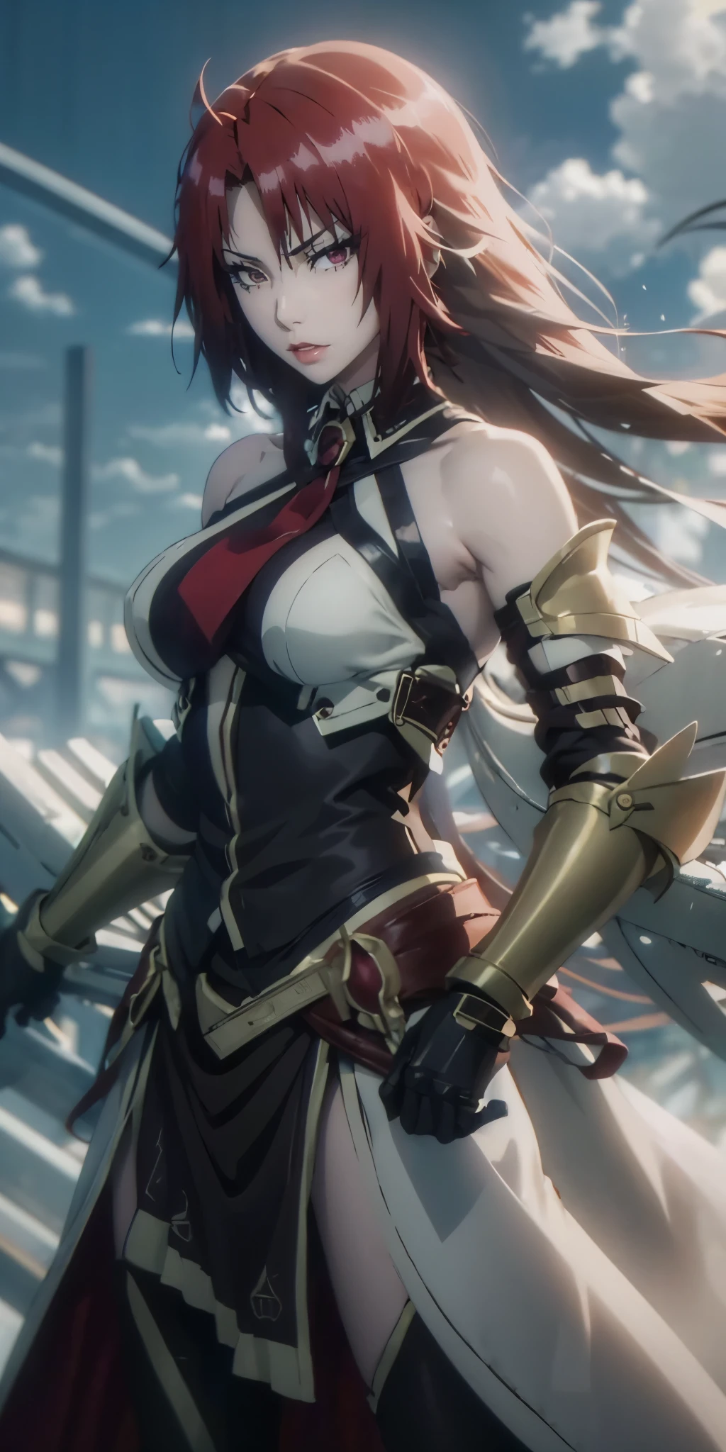 long hair, red hair, braid, red eyes, muscular female, curvy, anatomical correct, 1girl, solo, breasts, looking at viewer, gloves, bare shoulders, black gloves, sword, armor, chain, gauntlets, sword, armored dress, hollow eyes, red eyes,  lips, cheek, expressionless, glaring eyes, upper teeth, glowing eyes,