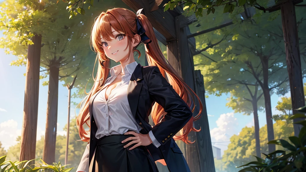 score_9, score_8_up, score_7_up, BREAK, score_9, smile, inoue orihime, long hair, orange hair, large breasts, brown eyes, school uniform, blazer, grey blazer, shirt, pleated skirt, grey skirt, collared shirt, 1girl, solo, looking at viewer, cowboy shot, ass, from behind, school