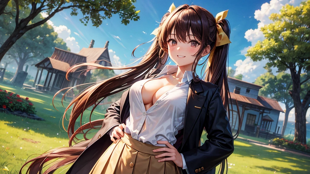 1girl, full body, solo, summer, village, trees, sun, clouds, ((chestnutl hair)), long hair, twintail, large breasts, ((black blazer)), button down shirt, ((white shirt)), ((short sleeved shirt)), ((unbuttoned shirt)), unbuttoning buttons, cleavage 1:3, brown eyes, skirt, grin, looking at the viewer, standing, touching neck, hair ribbon, golden necklate, hands on hip