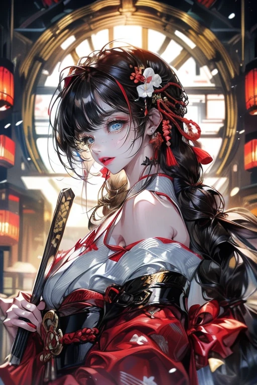 1lady,solo,cool,red yukata,she has a silver Japanese sword, Japanese style,black hair and long hair