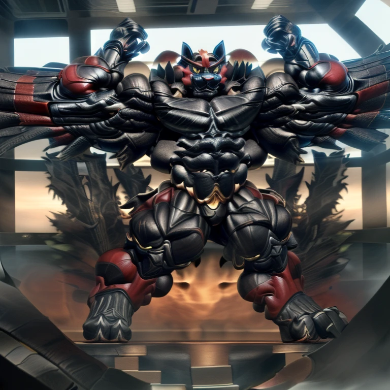 (Incineroar, 8K), (Masterpiece, highres), (wearing crNanosuit, crNanosuit, black visor, black nanosuit), (Detailed head, Detailed Body, Detailed abs, full body), (gigantic muscles, Gigachad Muscular, big muscle, pecs, triceps, traps, unusually developed muscular body, body full of huge muscles. showing off muscles, pectorales enormes, Exaggeratedly huge muscles.), (nj5furry, The claws are sharp, Sharp teeth, sharp claws), (long legs), (black wings, Spread wings, It has wings, have big wings), (Incineroar in stylish nanosuit), (bodybuilder, the bodybuilding competition, huge muscular bodybuilder with extraordinary biceps),