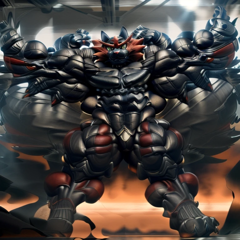 (Incineroar, 8K), (Masterpiece, highres), (wearing crNanosuit, crNanosuit, black visor, black nanosuit), (Detailed head, Detailed Body, Detailed abs, full body), (gigantic muscles, Gigachad Muscular, big muscle, pecs, triceps, traps, unusually developed muscular body, body full of huge muscles. showing off muscles, pectorales enormes, Exaggeratedly huge muscles.), (nj5furry, The claws are sharp, Sharp teeth, sharp claws), (long legs), (black wings, Spread wings, It has wings, have big wings), (Incineroar in stylish nanosuit), (bodybuilder, the bodybuilding competition, huge muscular bodybuilder with extraordinary biceps),