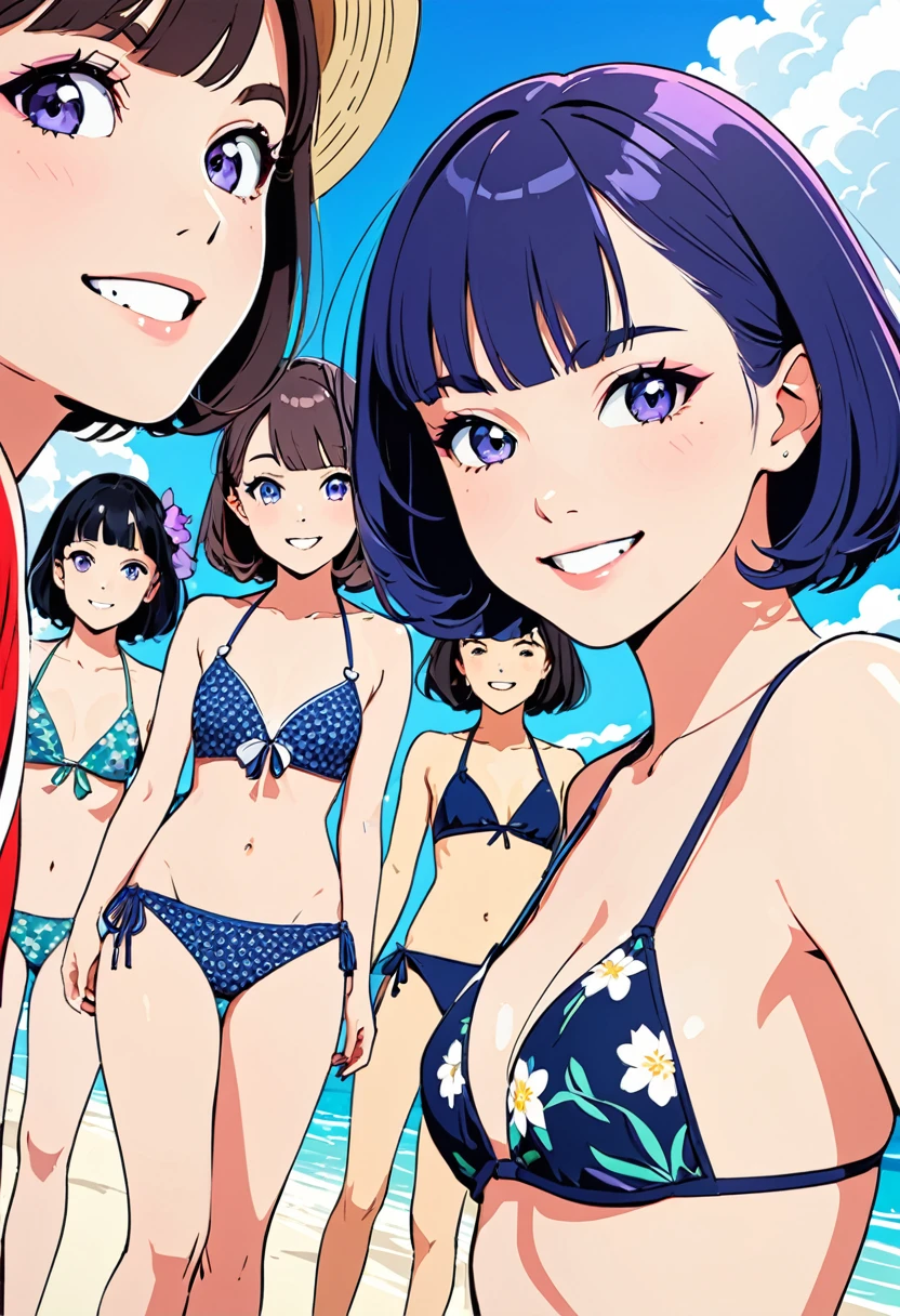(masterpiece, best quality:1.1),
popart style,flat color,enjoy trip,(japanese girl,ten,beautiful detailed face,(navy hair-color,wavy-short hair),parallel eyebrows,navy eyes with large irises,blunt bangs,small breasts),okinawa beach,flower pattern bikini,Playing with friends,very happy,smile,beautiful lighting,dynamic angle,depth of field,photographic portrait, sharp,