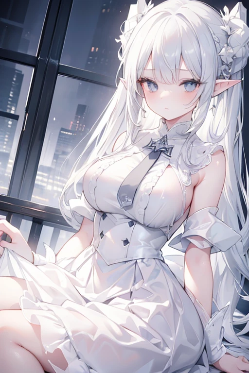 (masterpiece,best quality,ultra-detailed),1girl,white hair, pointy ears,beautiful and detailed face, detailed eyes,white shirt, white skirt, tie,night,fog,((grey and white theme))