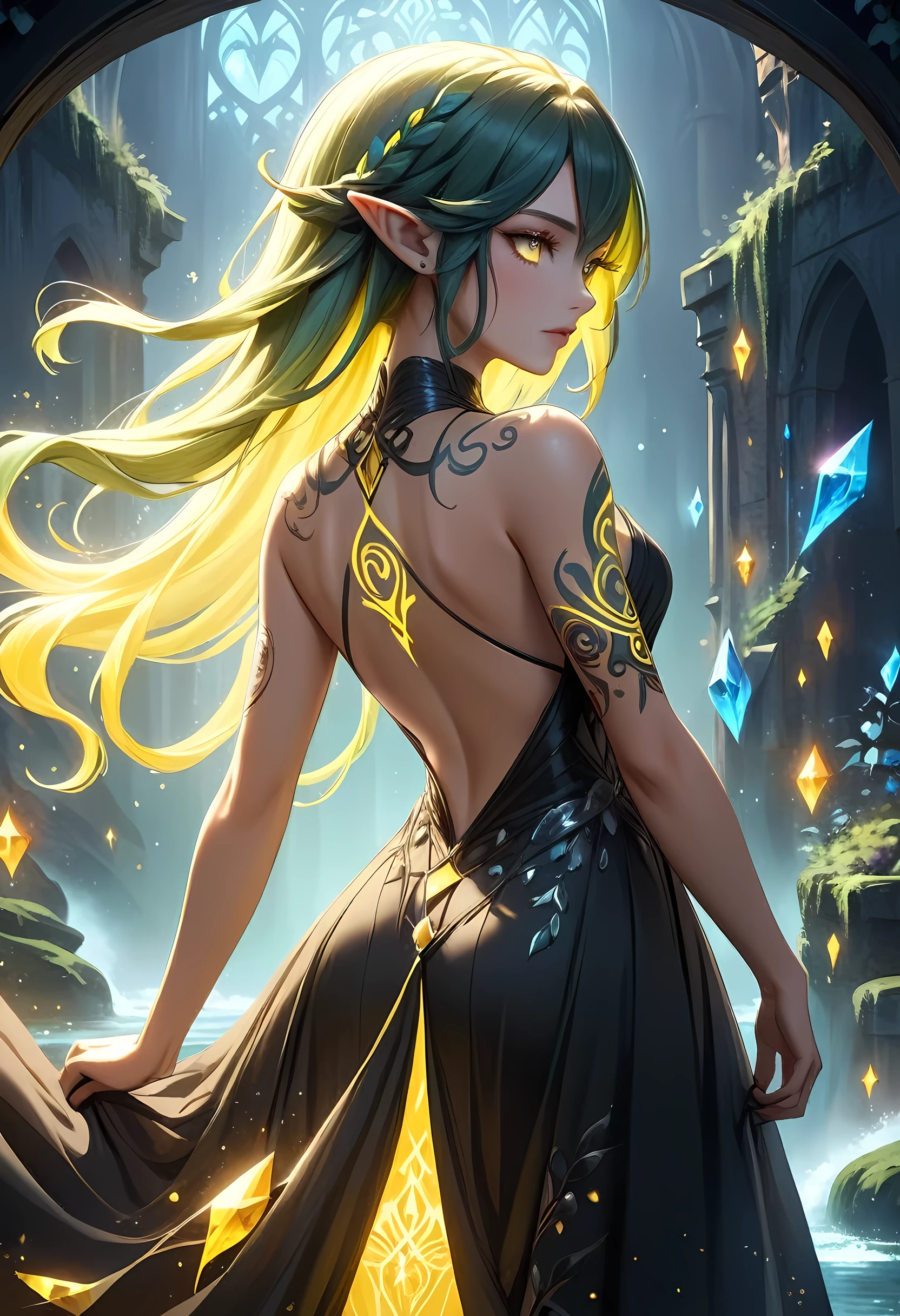 modisn disney, Arafed, Dark fantasy art, fantasy art, goth art, a picture of a tattoo on the back of a female elf, of ((glowing: 1.3)) elven magical runes, intricate detailed coming to life, GlowingRunesAI_yellow, shoot taken from the back, ((the back is visible: 1.3), she wears a transparent black dress, the dress is elegant, flowing, elven style, that the tattoos glow, dynamic hair color, dynamic hair style, crystalline dress, faize