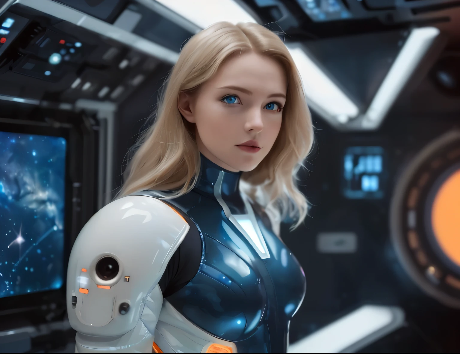 masterpiece, best quality), beautiful female space pilot with blue eyes and blond flying hair is wearing a futuristic space suit in latex, metallic, white, shiny, glowing light stripes in space suit inspired by TRON and Alien, space suit top, but wearing only boxer shorts, bare legs, preparing to go to bed, HD, the girl is floating around in zero gravity in a cabin of a futuristic spaceship, no gravity, weightless, flying around, through a window in the spaceship we can see the glowing sun from a close distance, subdued light in the spaceship, lots of displayers and instruments are the main source for the light in the scene, displayers in orange and blue light, a glowing orange light from the sun outside the space ship is dominating the scene, cinematic lighting in the hair, hair light, wind in the hair,