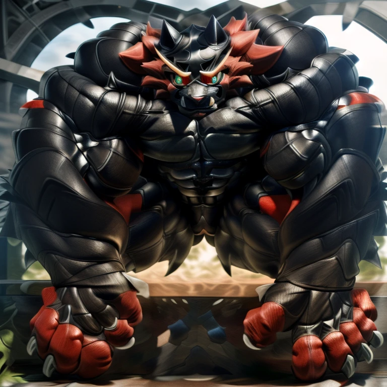 (Incineroar, 8K), (Masterpiece, highres), (wearing crNanosuit, crNanosuit, black visor, black nanosuit), (Detailed head, Detailed Body, Detailed abs, full body), (gigantic muscles, Gigachad Muscular, big muscle, pecs, triceps, traps, unusually developed muscular body, body full of huge muscles. showing off muscles, pectorales enormes, Exaggeratedly huge muscles.), (nj5furry, The claws are sharp, Sharp teeth, sharp claws), (long legs), (black wings, Spread wings, It has wings, have big wings), (Incineroar in stylish nanosuit),