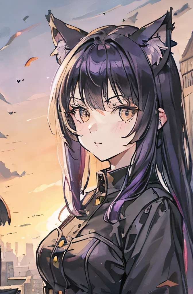4k,8k.high resolution,high resolution,high quality,girl,,Monster Hunter,Purple Hair,Cat ear,Black cat,,,,,
