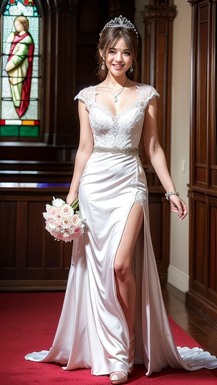 highest quality, Realistic, Very detailed, finely, High resolution, 8k wallpaper, Beautiful woman,, Brown hair short ponytail, (silk wedding dresses), Perfect dynamic composition, finelyて美しい目, Ample breasts, Realistic , smile, Model Body Type、Earrings,garnet necklace,tiara,(I have a book),Beautiful legs,(Church with beautiful stained glass),Full Body Shot:1.3,Smile and laugh,