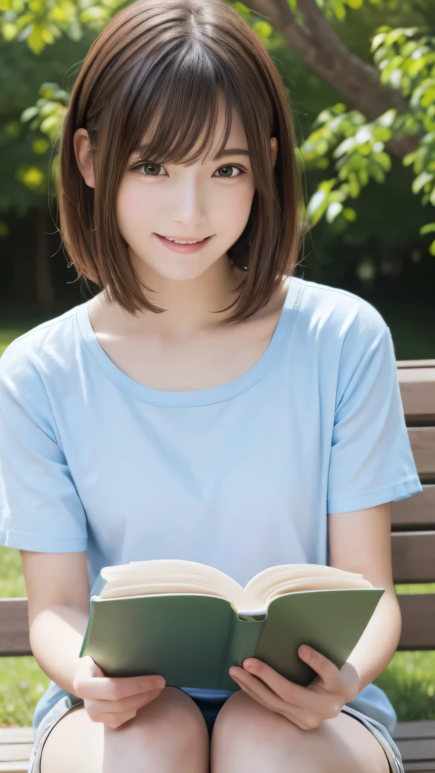 Best picture quality (8K, high resolution, Masterpiece: 1.2), super detailed, 215 Short Hair, 16-year-old woman, Reading on a park bench: On a bench in a lush park、Reading a book scene。
angle: Frontal shot of a woman and a book。It's a good idea to include the surrounding nature at a slightly higher angle.。A close-up of the hand turning the page is also effective.。, random cute pose ,big eyes ,Puffy eyes , Heart Pupil, blush , huge shy smile , salute