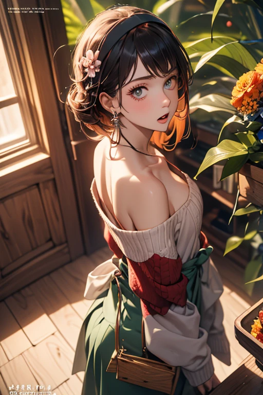 (small breasts:1.3), (perky chest:1.1), (pointed chest:1.0), (flowers magazine cover:1.3),(from above:1.2),(from side:0.9),masterpiece, a 18yo girl, Amazing Cleavage:1.1, thin waist, big ass, Raised sexy, small breast: 1.3, posed cleavage:1.2, open mouth, have a cute grass of cute beergrass,black hair, dark green eyes, dress, bare shoulders, jewelry, collarbone, sidelocks, hairband, earrings, indoors, off shoulder sweater:1.1, arms behind back, plant, short hair with long locks, gild hairband, off-shoulder dress, sweater dress, off-shoulder sweater, red sweater, dark gord hair, big side hair, very long side hair,is rendered in (masterpiece: 1.2, best quality), with (ultra high resolution) and an exquisite (depth of field). This masterpiece is not only visually stunning but also tells,A scene of cooking in the kitchen by classroom,looking at viewer,