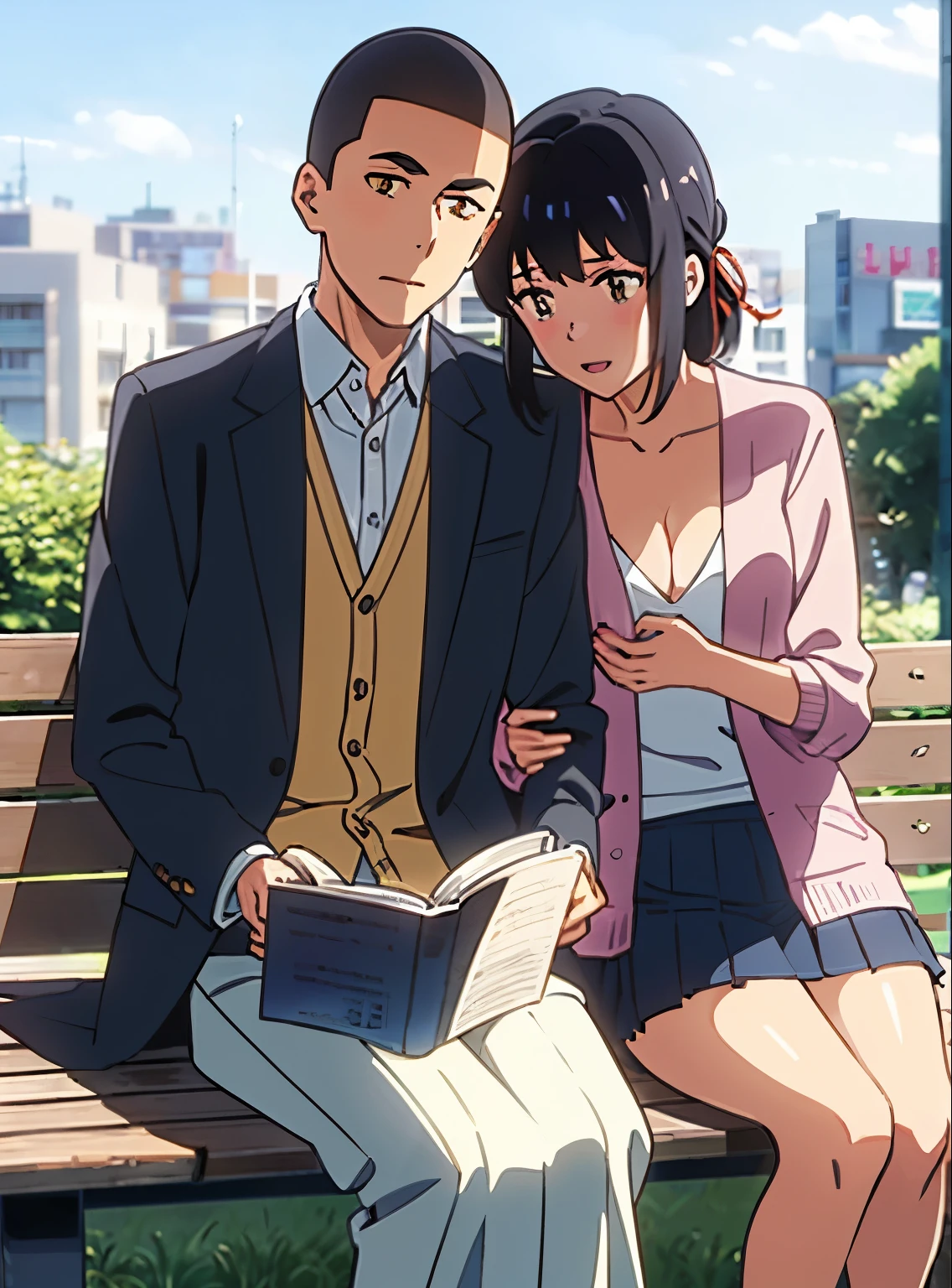 shinkai makoto, kimi no na wa., {1boy, buzzcut,} boy buzzcut passionate hug, buzzcut boy is hugging from behind, 1girl, black hair, brown eyes, eyeglasses, open mouth, short hair, har band, hair ribbon, yellow cardigan, cleavage, white dress skirt, perfect anatomy, cowboyshot, sit on bench chair, reading a book, outdoors, school university, sky, school building
