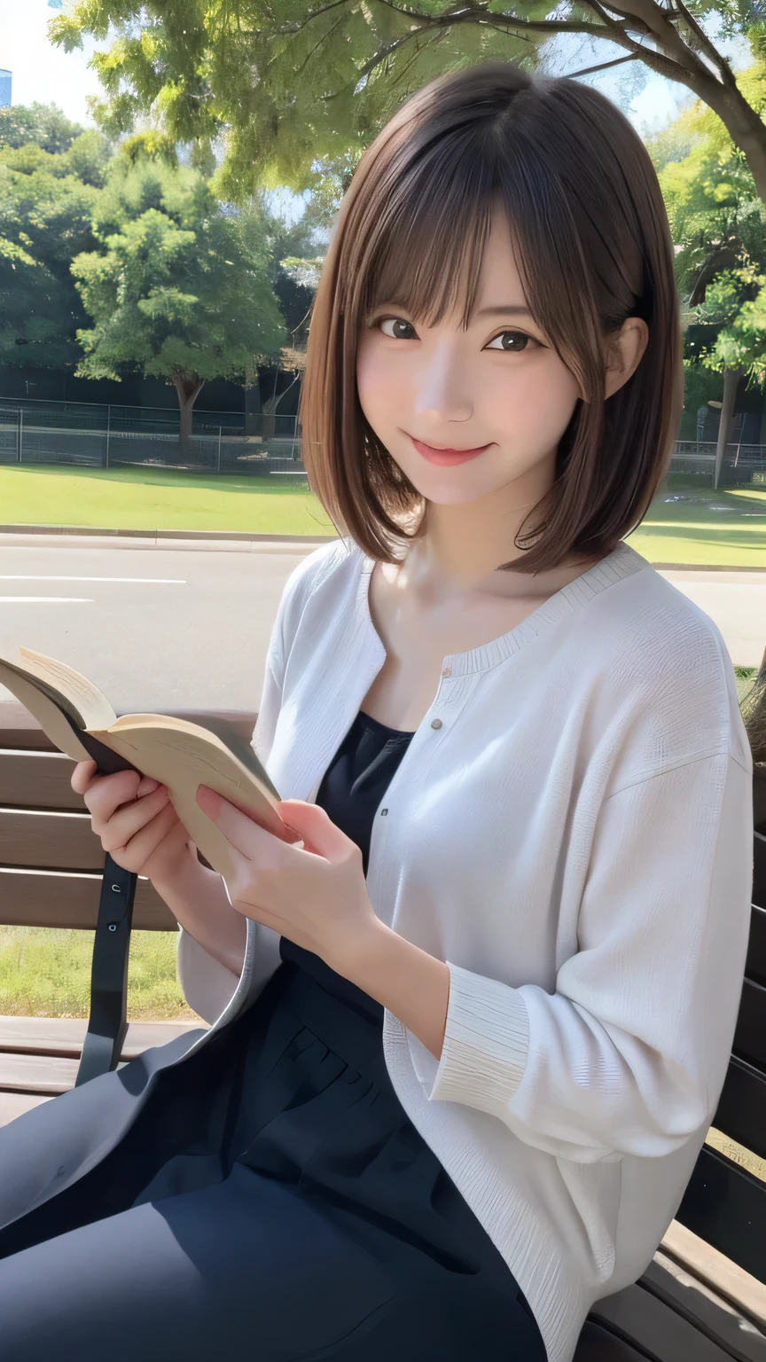 Best picture quality (8K, high resolution, Masterpiece: 1.2), super detailed, 215 Short Hair, 16-year-old woman, Reading on a park bench: On a bench in a lush park、Reading a book scene。
angle: Frontal shot of a woman and a book。It's a good idea to include the surrounding nature at a slightly higher angle.。A close-up of the hand turning the page is also effective.。, random cute pose ,big eyes ,Puffy eyes , Heart Pupil, blush , huge shy smile , salute