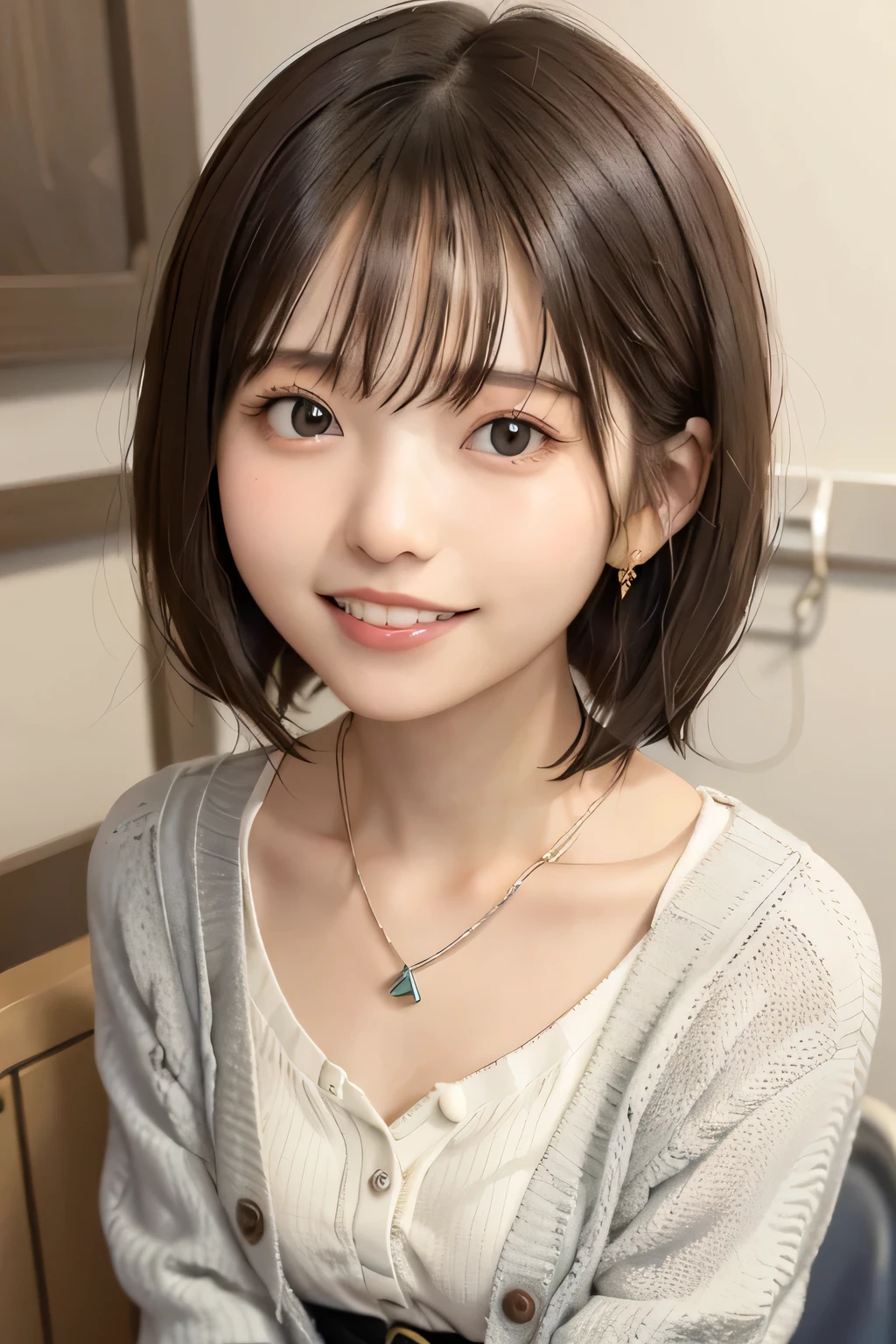 205 ((short hair)), 20-year-old female, Surrealism,cardigan、Shoulder Fashion、Smiling with teeth showing、 A refreshing smile、、Beautiful teeth alignment、Brown Hair、ear piercing、Necklace around the neck、