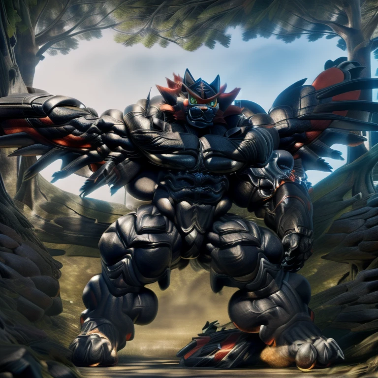 (Incineroar, 8K), (Masterpiece, highres), (wearing crNanosuit, crNanosuit, black visor, black nanosuit), (Detailed head, Detailed Body, Detailed abs, full body), (gigantic muscles, Gigachad Muscular, big muscle, pecs, triceps, traps, unusually developed muscular body, body full of huge muscles. showing off muscles, pectorales enormes, Exaggeratedly huge muscles.), (nj5furry, The claws are sharp, Sharp teeth, sharp claws), (long legs), (black wings, Spread wings, It has wings, have big wings), (Incineroar in stylish nanosuit),