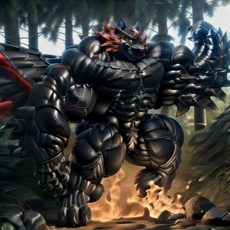 (Incineroar, 8K), (Masterpiece, highres), (wearing crNanosuit, crNanosuit, black visor, black nanosuit), (Detailed head, Detailed Body, Detailed abs, full body), (gigantic muscles, Gigachad Muscular, big muscle, pecs, triceps, traps, unusually developed muscular body, body full of huge muscles. showing off muscles, pectorales enormes, Exaggeratedly huge muscles.), (nj5furry, The claws are sharp, Sharp teeth, sharp claws), (long legs), (black wings, Spread wings, It has wings, have big wings), (Incineroar in stylish nanosuit),