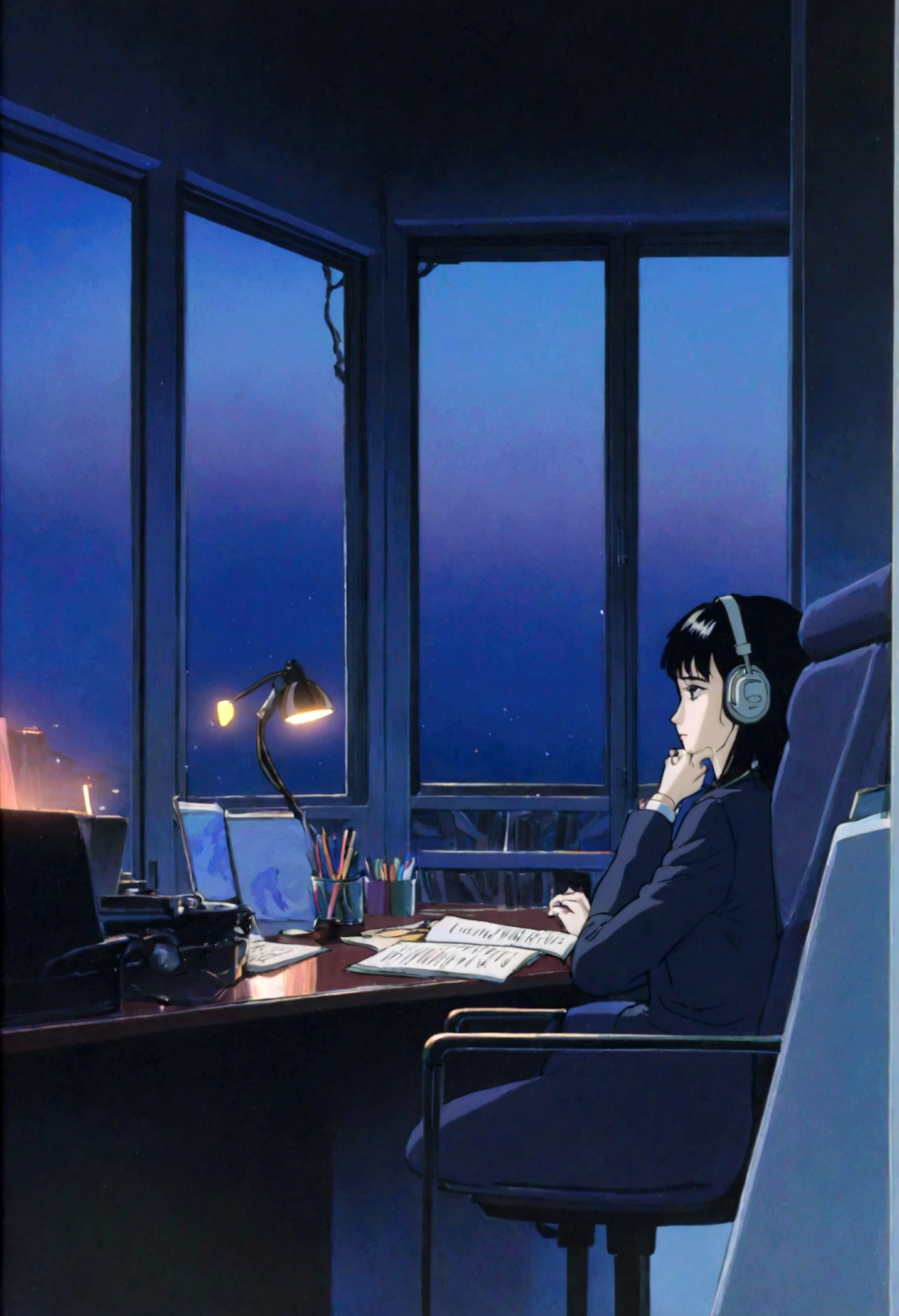 Studying at my desk while listening to lo-fi music,1 girl,I have headphones on,Out of the window, I can see the sea at dusk,Ghibli-style anime,Anime Style