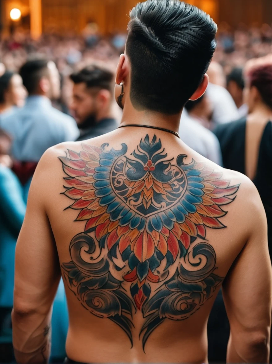 View from behind，Turn your back to the audience，(Close-up of back tattoos:1.3)，A man&#39;s back，This is a detailed picture of a rather unique and interesting back tattoo design.，它Reflects与比特币相关的金融概念，The tattoo features a finely crafted Bitcoin logo at its core，Surrounded by symbols that depict the essence，These symbols may include wings，Broken Chain or Soaring Bird，Tattoo engraved on clean、Healthy back skin surface，The entire design is presented in black and white，Reflects，Timeless beauty。