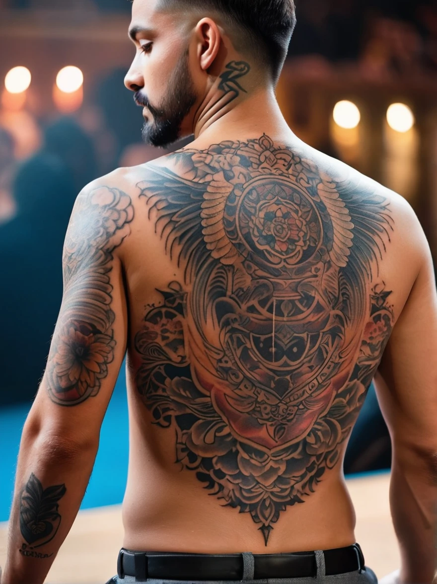 View from behind，Turn your back to the audience，(Close-up of back tattoos:1.3)，A man&#39;s back，This is a detailed picture of a rather unique and interesting back tattoo design.，它Reflects与比特币相关的金融概念，The tattoo features a finely crafted Bitcoin logo at its core，Surrounded by symbols that depict the essence，These symbols may include wings，Broken Chain or Soaring Bird，Tattoo engraved on clean、Healthy back skin surface，The entire design is presented in black and white，Reflects，Timeless beauty。