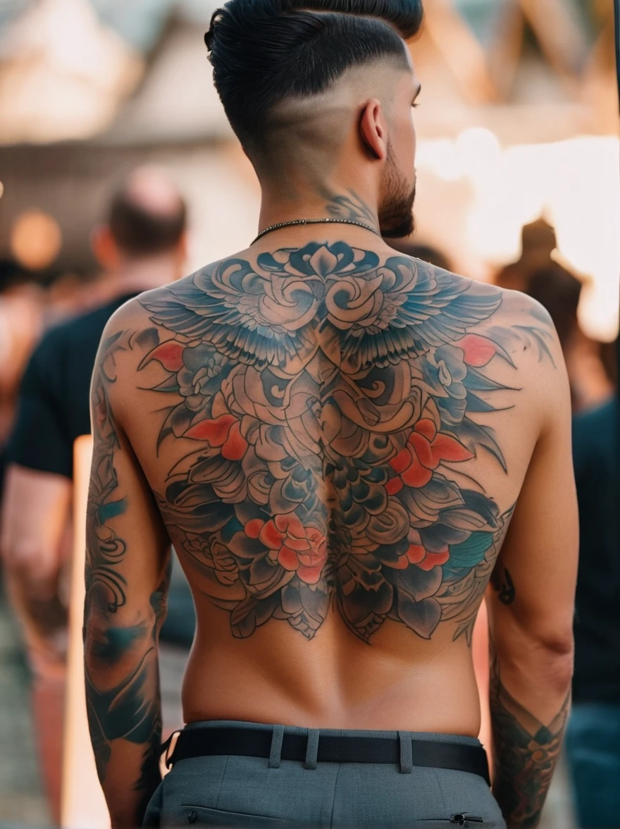 View from behind，Turn your back to the audience，(Close-up of back tattoos:1.3)，A man&#39;s back，This is a detailed picture of a rather unique and interesting back tattoo design.，它Reflects与比特币相关的金融概念，The tattoo features a finely crafted Bitcoin logo at its core，Surrounded by symbols that depict the essence，These symbols may include wings，Broken Chain or Soaring Bird，Tattoo engraved on clean、Healthy back skin surface，The entire design is presented in black and white，Reflects，Timeless beauty。