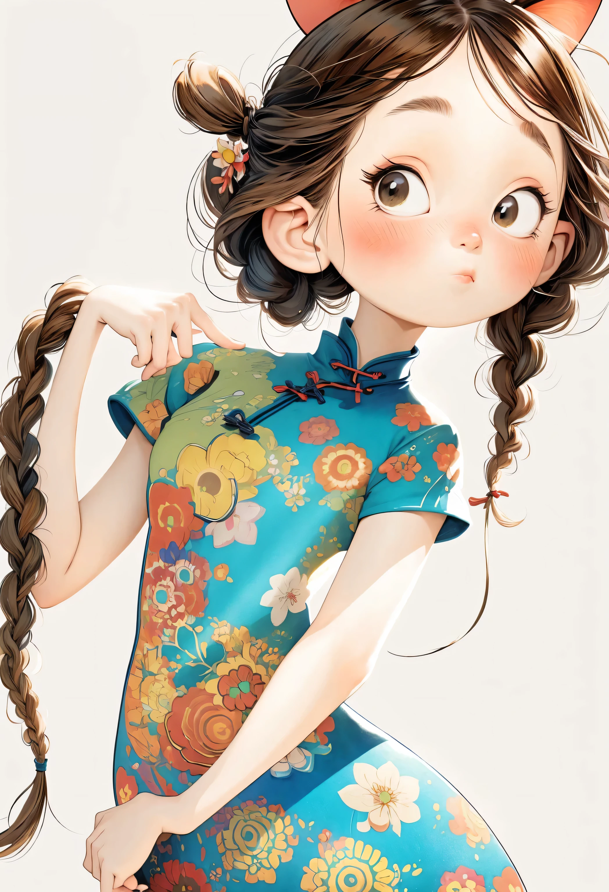 (masterpiece, best quality:1.2), watercolor,cartoon character design。1 girl holding a cat, Solitary,big eyes,Cute expression,two little braids,cheongsam,portrait,interesting,interesting,Clear lines,Leave blank,