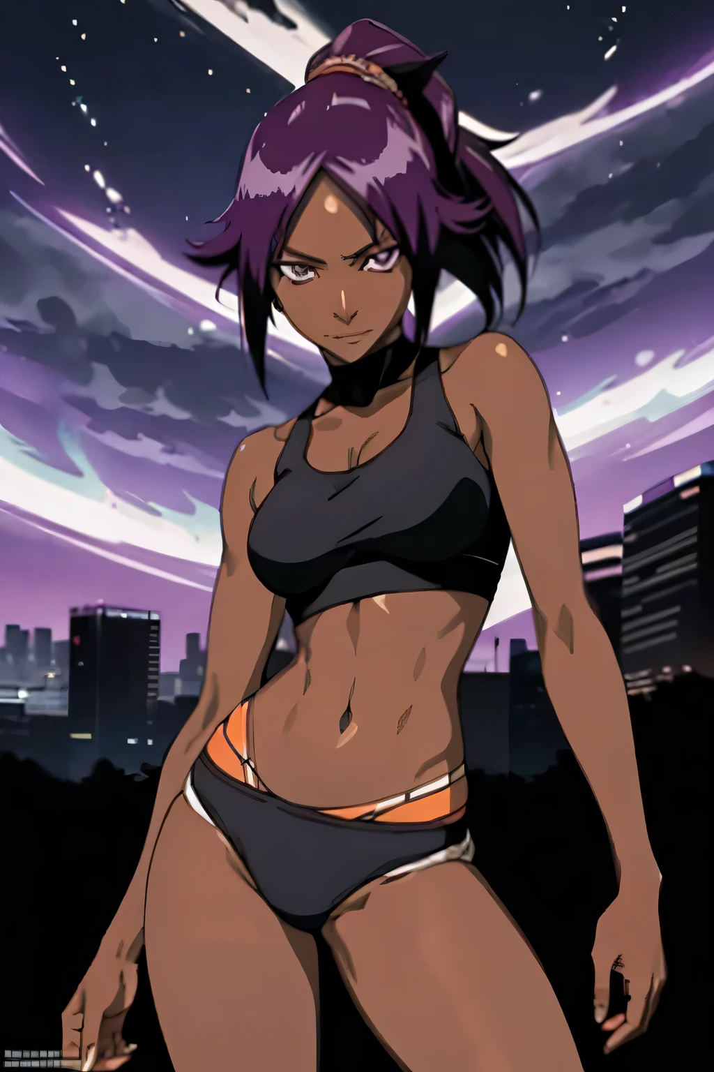 1 woman, yoruichi shihouin, dark skinned, long dark purple hair, ponytail, ((detailed eyes:1.2)), wearing sports bra, panty, bare legs, sexy, sensual, sleeveless, underboob, masterpiece, top quality, best quality, official art, beautiful and aesthetic:1.2), extreme detailed, colorful, highest detailed